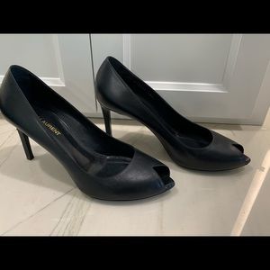 Black Leather Peep Toe Saint Laurent Heels 38.5